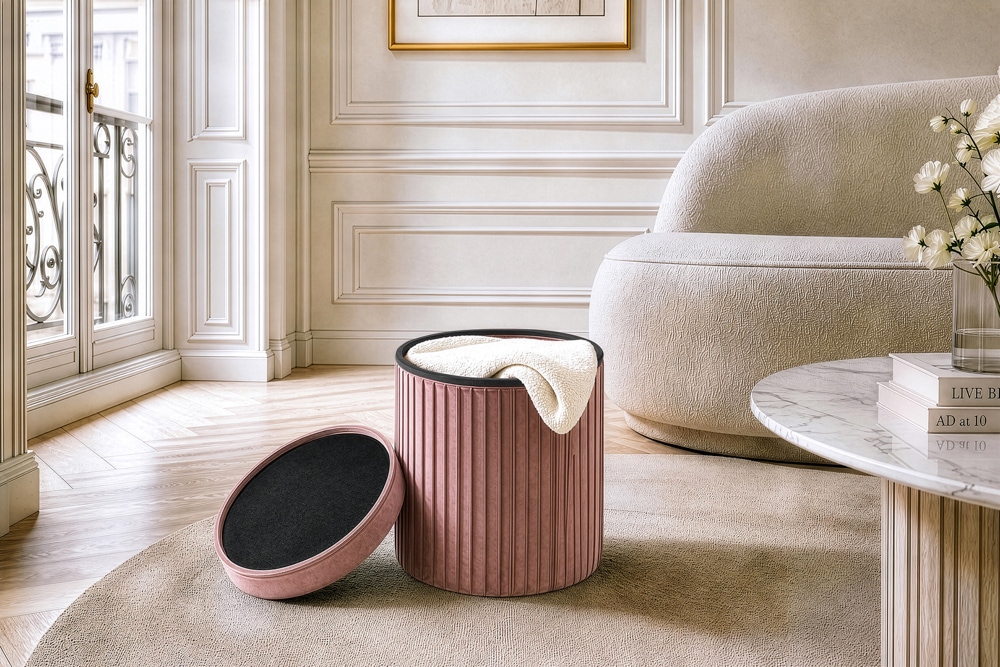 Runder Hocker ÉLAN 40cm rosa Samt faltbar mit Stauraum
