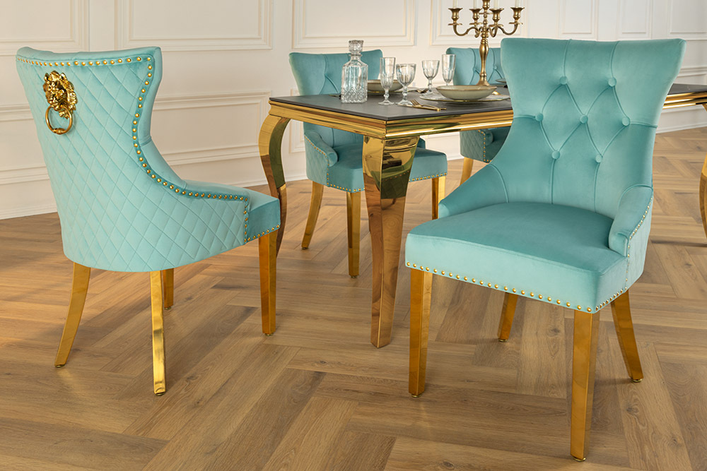 Barock Stuhl CASTLE DELUXE blau Samt gold Edelstahl mit Löwenkopf Chesterfield