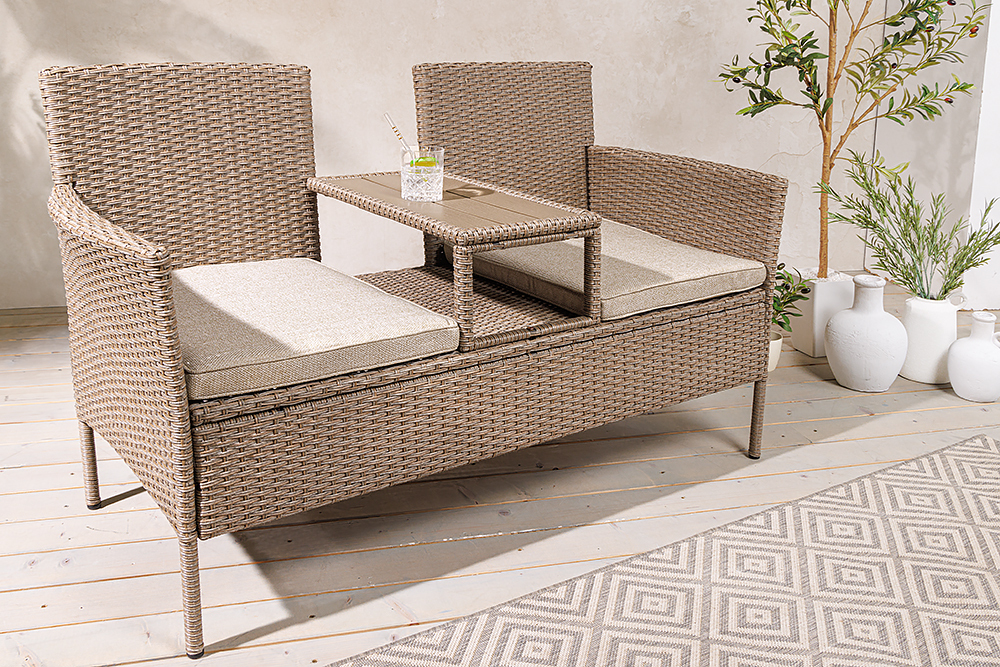 Moderne Gartenbank PORTOFINO 140cm natur beige Polyrattan Sitzbank mit Tisch wetterfest