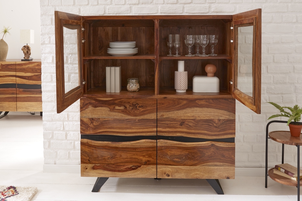 Massives Highboard AMAZONAS 140cm braun Sheeshamholz Vitrine mit Baumkante