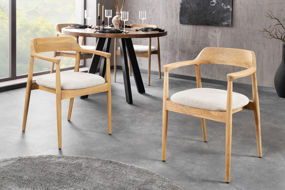 Design Stuhl KENNEDY creme beige massives Mangoholz mit Polstersitz Strukturstoff
