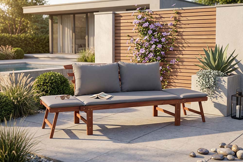 Outdoor Garten Sitzbank MODULAR 200cm natur grau Akazie inkl. Kissen klappbar