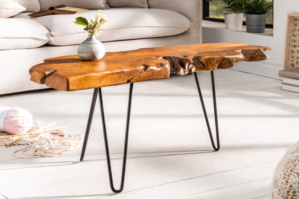 Massiver Couchtisch WILD 100cm Teak Massivholz Baumscheibe Hairpin Legs