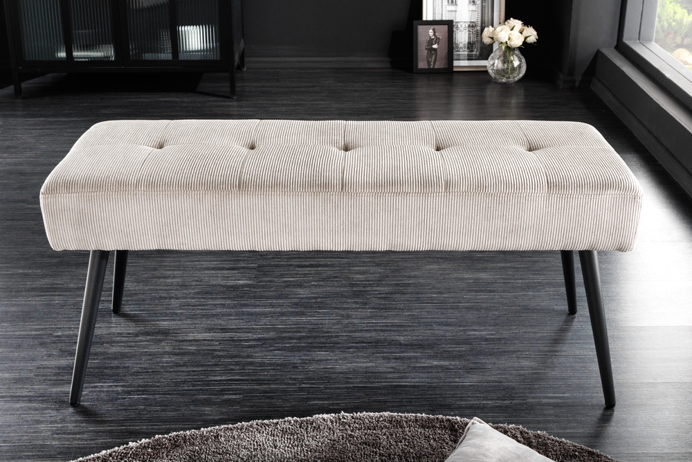 Design Sitzbank BOUTIQUE 100cm hellgrau Cord Metallbeine schwarz