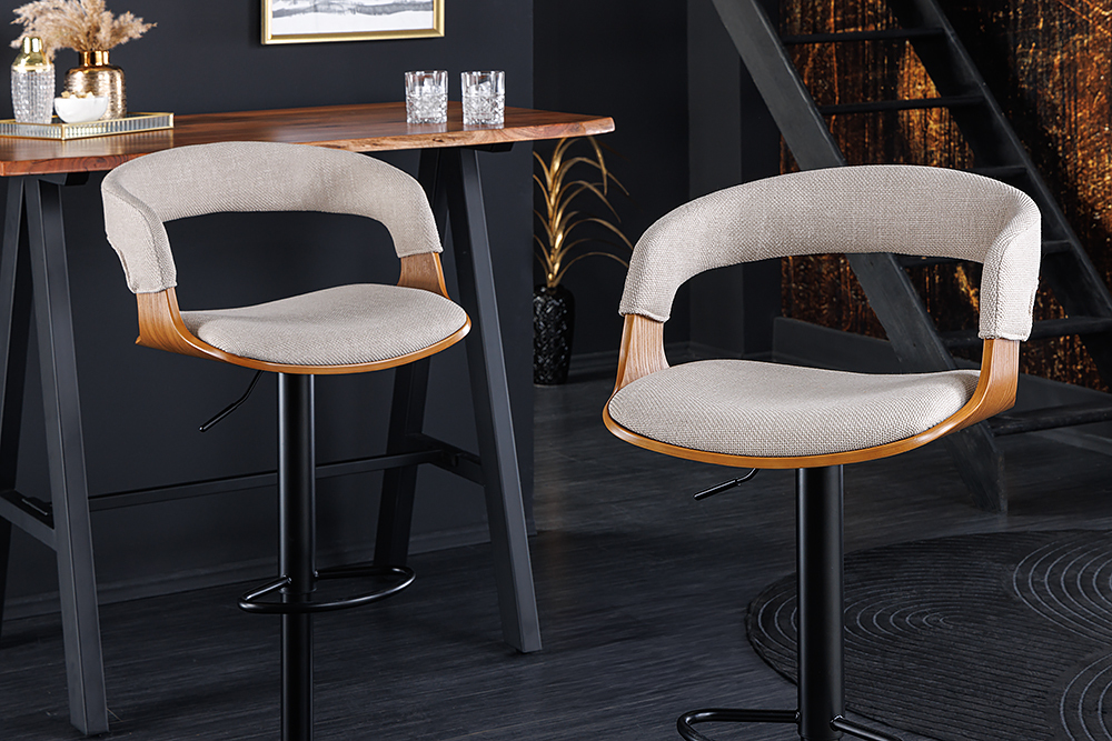 Retro Barhocker MANHATTAN beige Strukturstoff Eschenholz drehbar höhenverstellbar