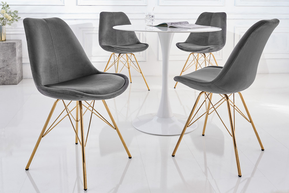 Design Stuhl SCANDINAVIA MEISTERSTÜCK dunkelgrau Samt goldene Beine