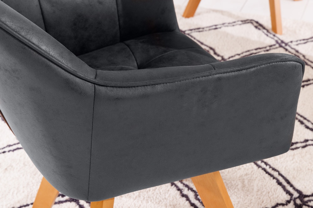 Design Stuhl LOFT antik grau Microfaser drehbar massiv Buchenholz mit Armlehne