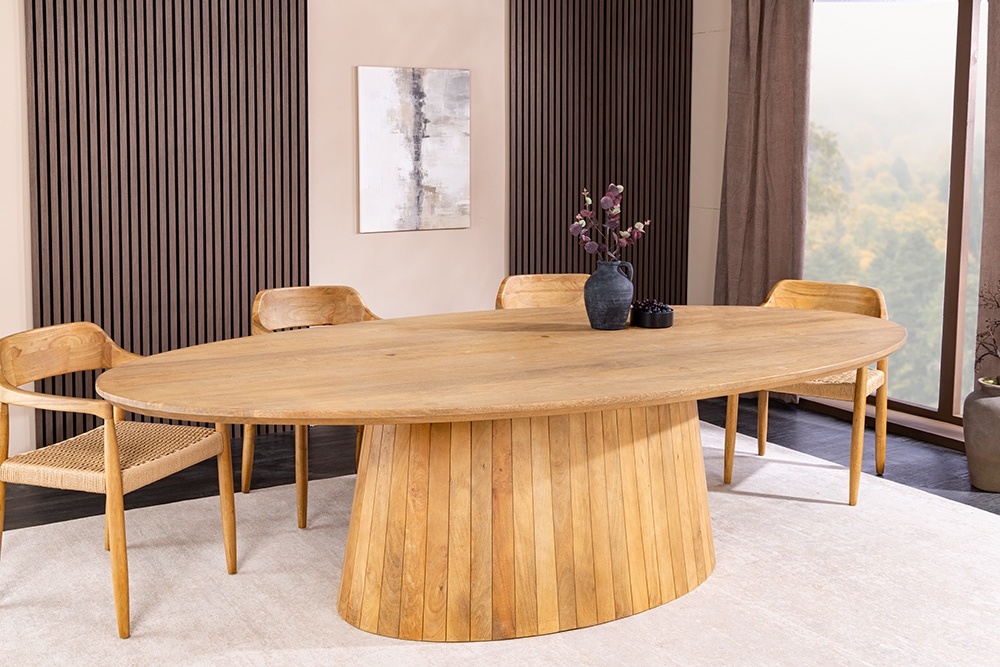 Ovaler Esstisch ART DECO 220cm beige massives Mangoholz cream finish mit Säulenfuß