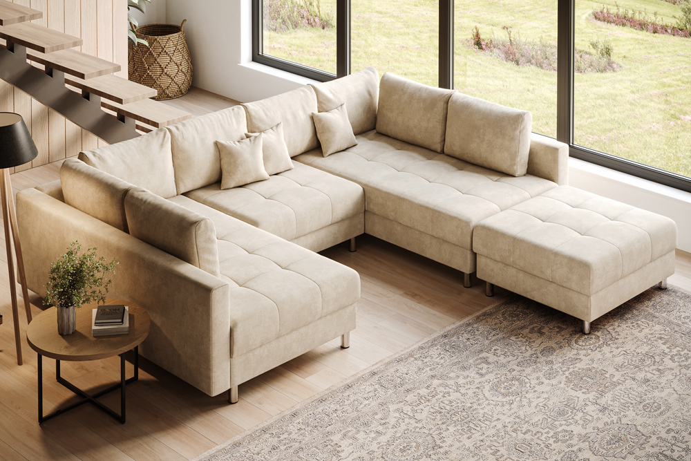 XXL Wohnlandschaft KENT 305cm champagner beige Vogue Velours Samt Federkern mit Hocker
