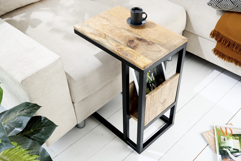Moderner Laptoptisch CONCIERGE 60cm natur Mangoholz Beistelltisch mit Stauraum Metallgestell