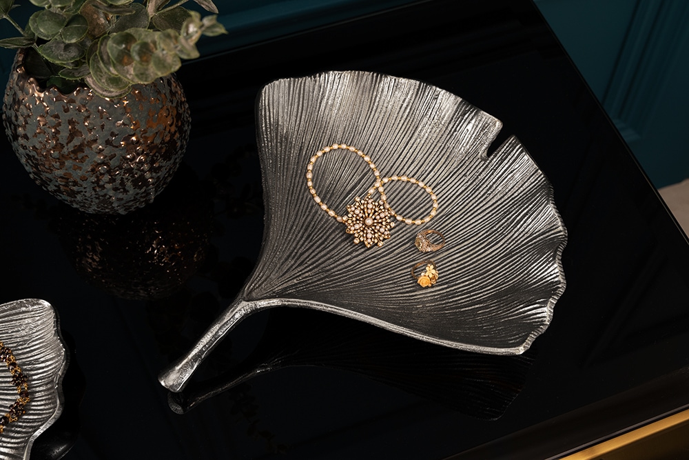 Dekorative Schale GINKGO 35cm silber handmade Metall
