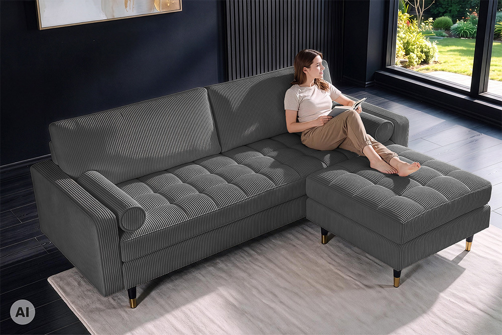 3er Sofa COZY VELVET 220cm grau Cord mit goldener Kappe