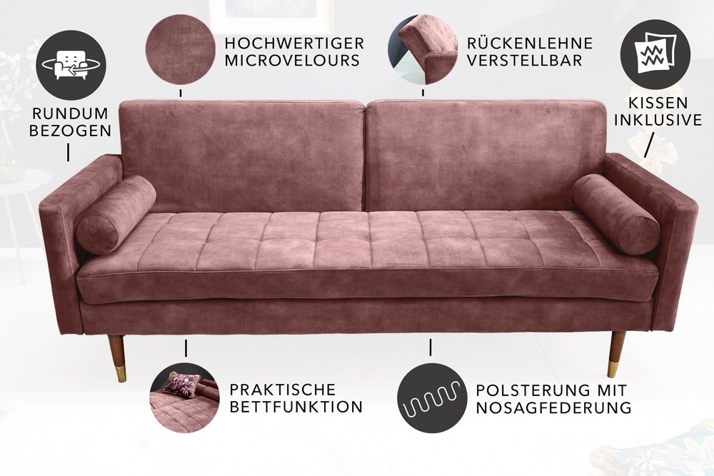 Modernes Schlafsofa COUTURE 200cm altrosa Microvelours 3-Sitzer Couch mit Schlaffunktion