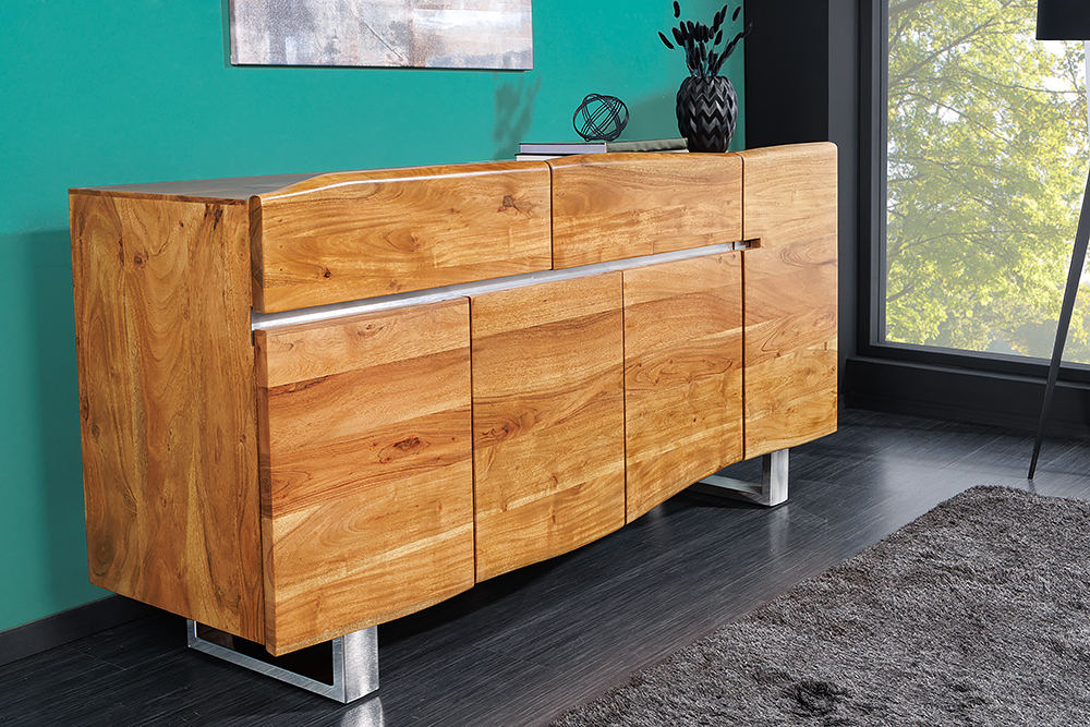 Massivholz Sideboard MAMMUT 170cm Akazie Baumkante mit Schubladen Kufengestell Edelstahl