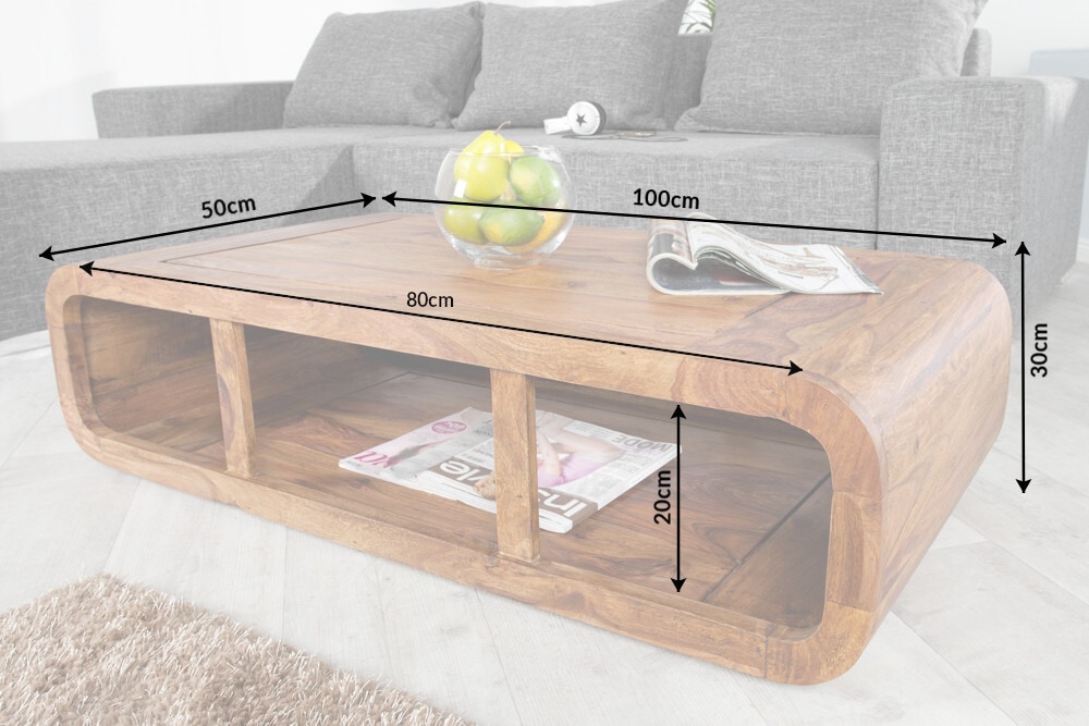 Massivholz Couchtisch CURVED 100cm braun Sheesham stone finish TV-Lowboard Stauraum