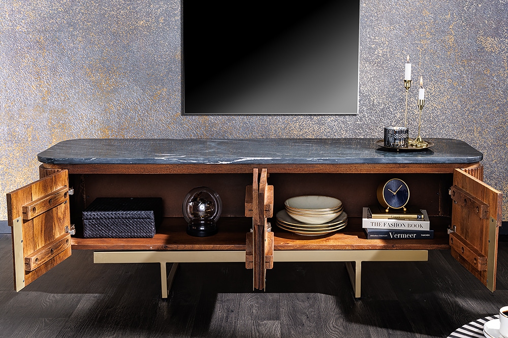 Design TV-Board GATSBY 160cm braun gold Mangoholz Marmor Metallgestell