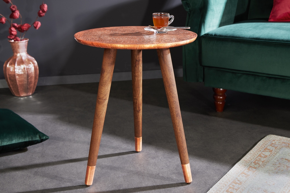 Design Beistelltisch ALCAZAR 50cm antik kupfer Metall Mangoholz Handarbeit rund