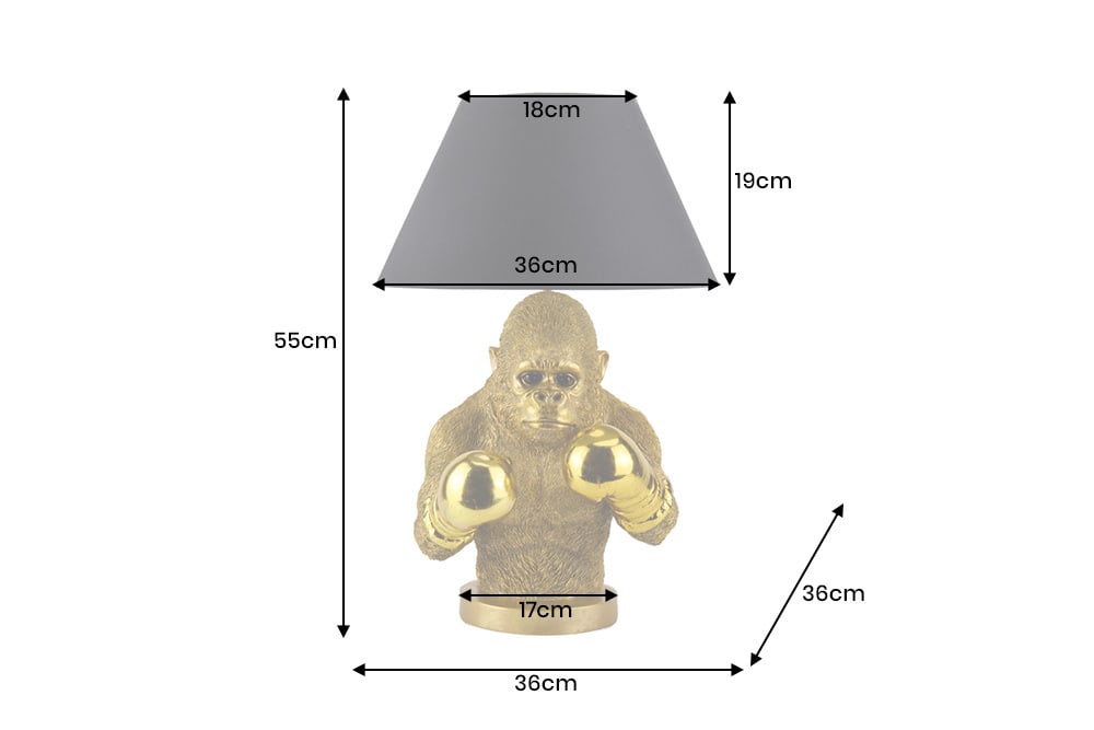 Handgefertigte Tischlampe KING APE 55cm schwarz gold Stoffschirm Affen-Skulptur