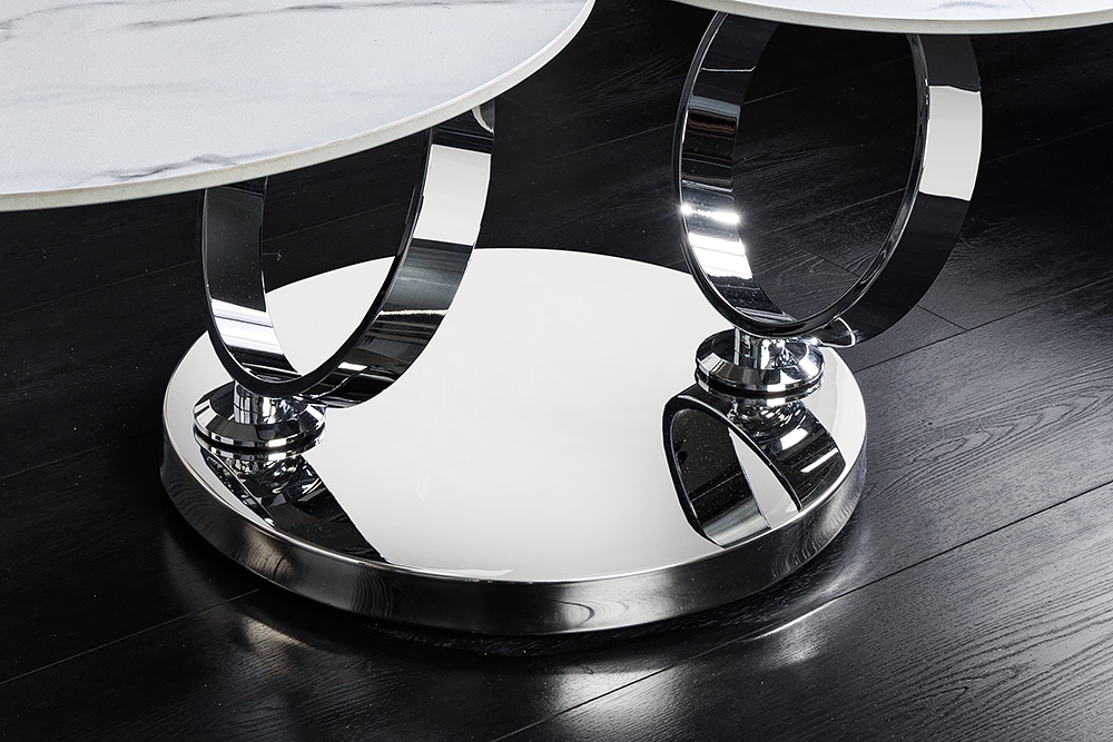 Design Couchtisch DANCING RINGS weiß rund drehbar Marmor Keramik Chrome Gestell