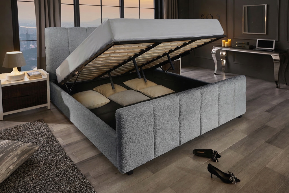 Modernes Boxbett PRESTIGE 180x200cm grau Bouclé mit Stauraum und Lattenrost