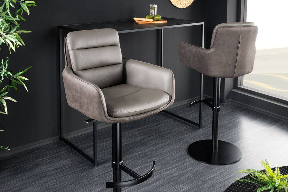 Drehbarer Design Barhocker BIG GEORGE taupe Echtleder Microfaser höhenverstellbar mit Armlehnen