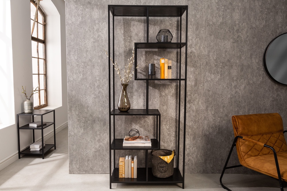 Industrial Bücherregal SLIM LINE 185cm Esche schwarz sechs Regalböden