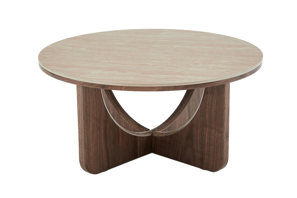 Runder Couchtisch ENSO 80cm champagner greige Travertin Keramik Walnussholz