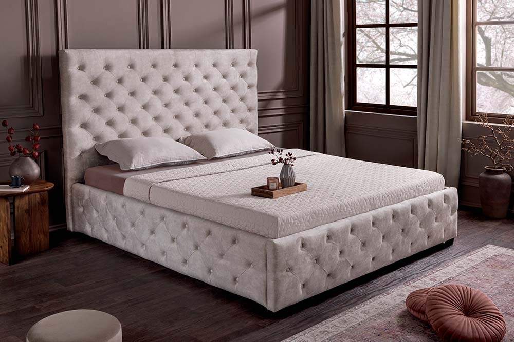 Design Boxbett PARIS 160x200cm champagner beige Samt mit Stauraum und Lattenrost