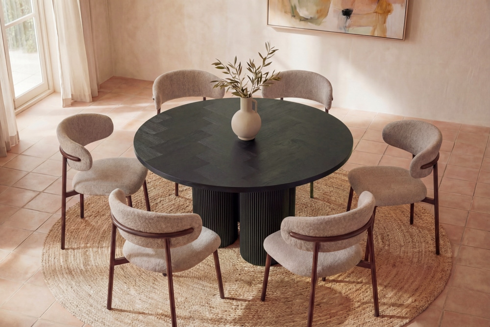 Design Esstisch BABYLON 120cm schwarz Fischgrät Eiche rund mit drei Säulenfüßen