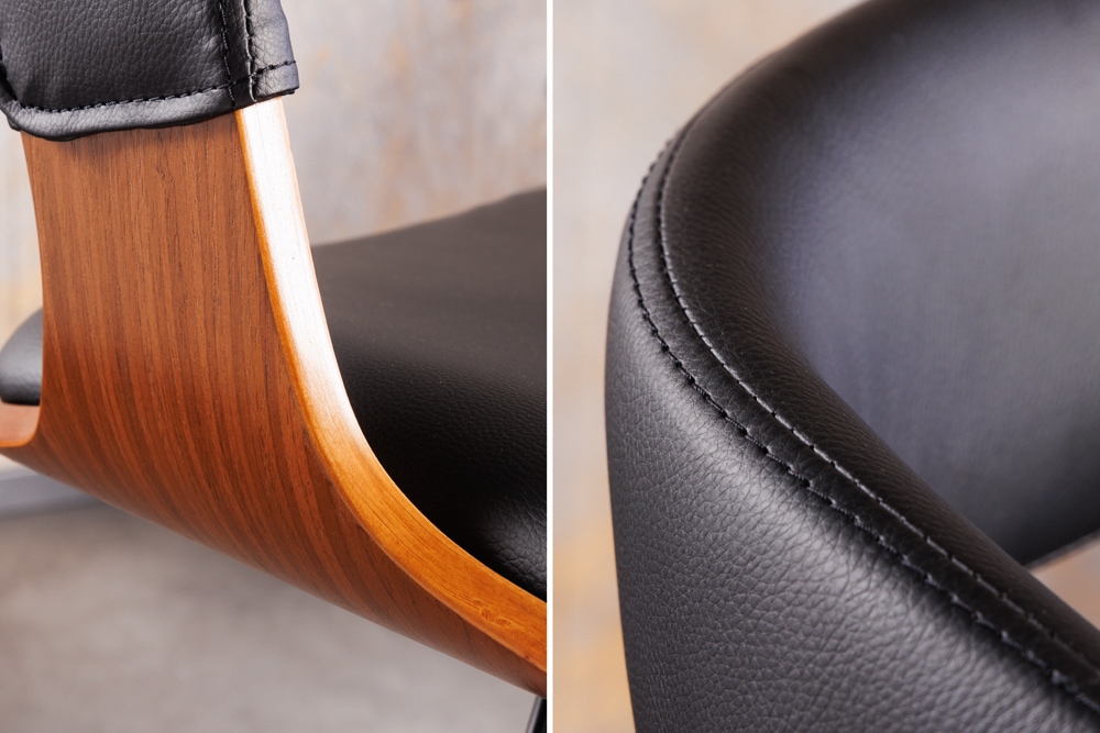 Retro Barhocker MANHATTAN schwarz Kunstleder Walnussholz drehbar höhenverstellbar