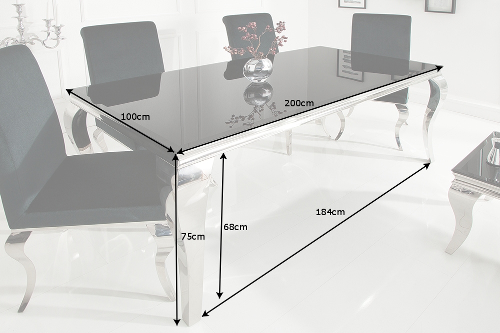 Eleganter Design Esstisch MODERN BAROCK 200cm schwarz Opalglas Tischplatte Edelstahl
