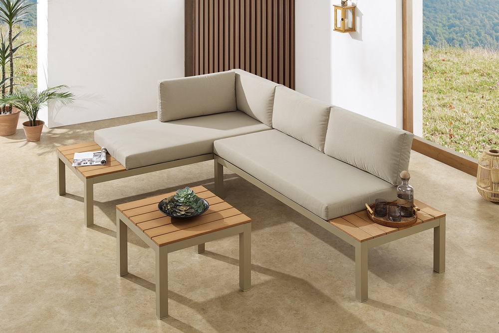 Modulare Garten Sitzgruppe ORLANDO LOUNGE 240cm champagner greige Aluminium wetterfest inkl. Kissen