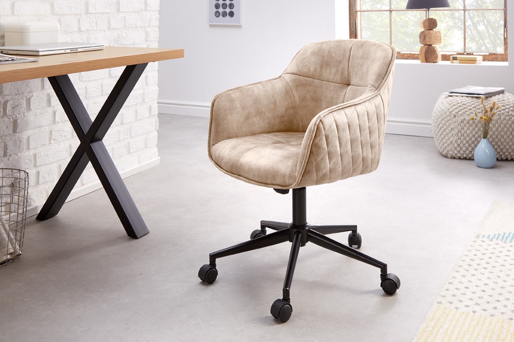 Höhenverstellbarer Design Bürostuhl EUPHORIA champagner greige Samt drehbar Ziersteppung
