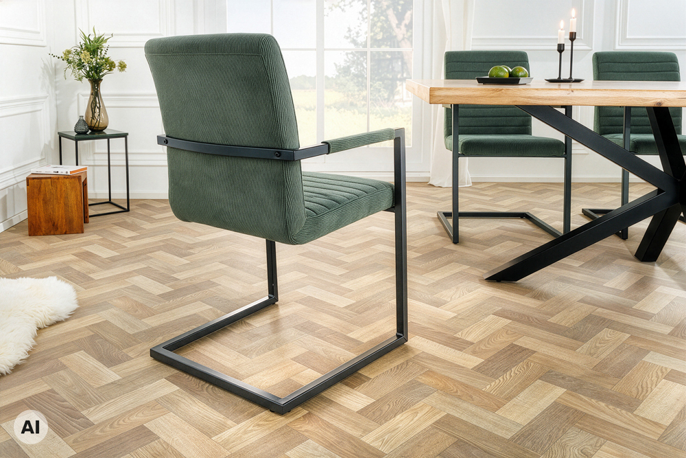 Industrial Freischwinger LOFT grün Cord schwarz Eisen mit Armlehne
