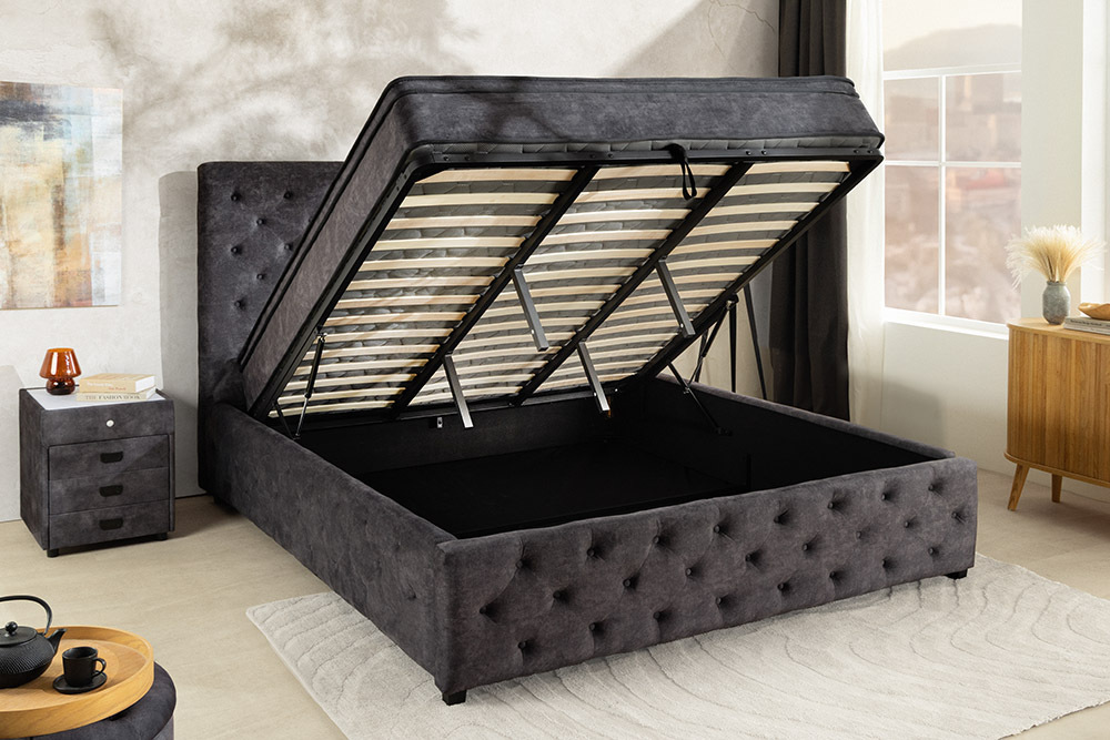 Boxbett PARIS 180x200cm grau Samt mit Stauraum inkl. Matratze und Topper