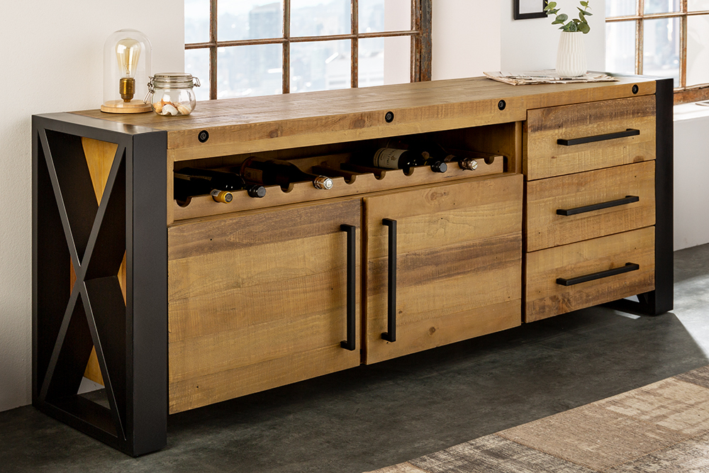 Massivholz Sideboard THOR 195cm braun Pinie mit Schubladen Weinregal Industrial Design