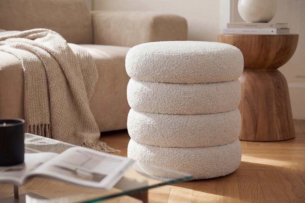 Runder Polsterhocker VOGUE 40cm weiß Bouclé mit Stauraum