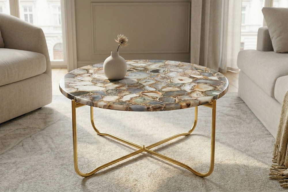Runder Couchtisch NOBLE 65cm Edelstein Achat abnehmbare Tischplatte goldenes Metallgestell