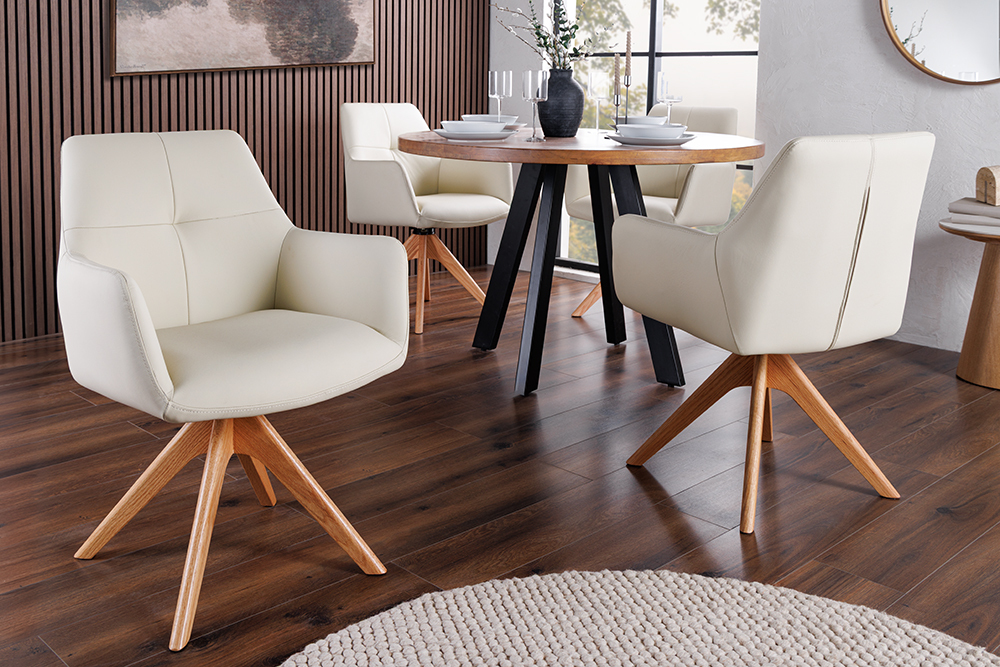 Drehbarer Stuhl ALMARA beige sand Echtleder 360° Taschenfederkern natur Eiche Massivholz » Jetzt kaufen