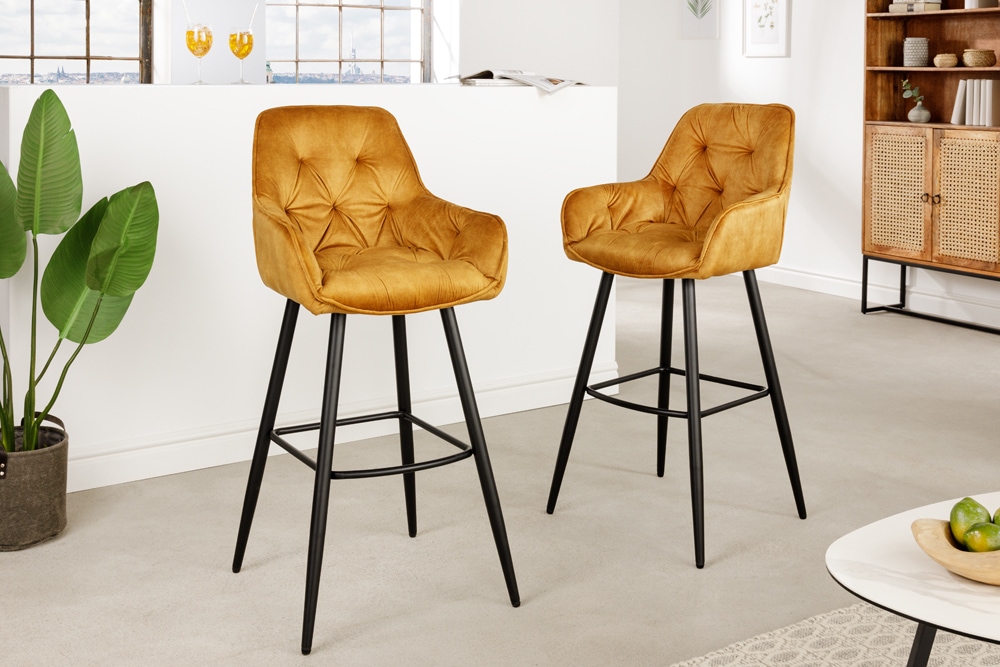 Design Barhocker MILANO senfgelb Samt Barstuhl mit Lehne Metall schwarz