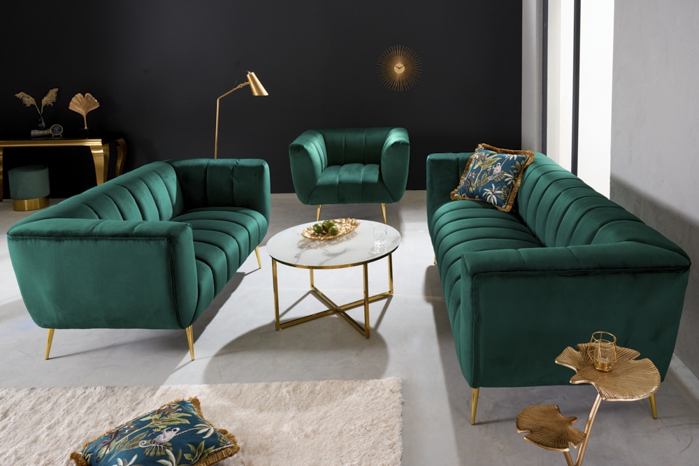 Design 2-Sitzer Sofa NOBLESSE 165cm smaragdgrün Samt Federkern goldene Metallfüße