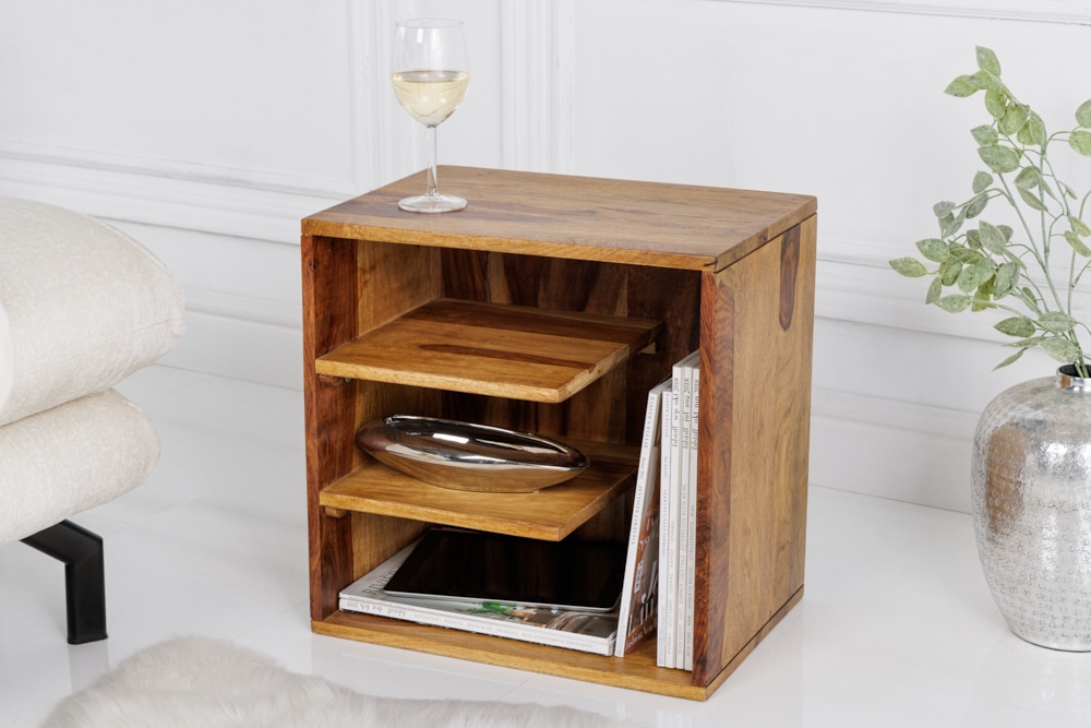 Massivholz Beistelltisch CUBUS 45cm braun Sheesham stone finish Regal Nachttisch