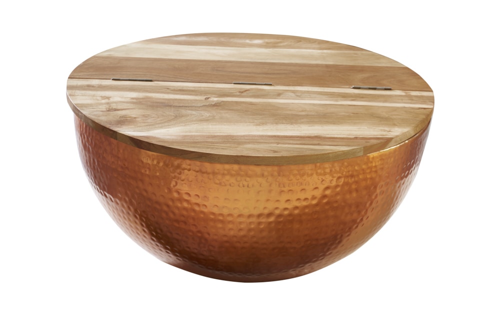 Runder Couchtisch ORIENT STORAGE 60cm kupfer Hammerschlag handmade Akazienholz mit Stauraum
