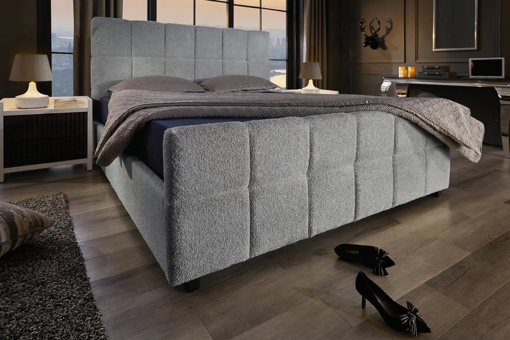 Modernes Boxbett PRESTIGE 180x200cm grau Bouclé mit Stauraum und Lattenrost