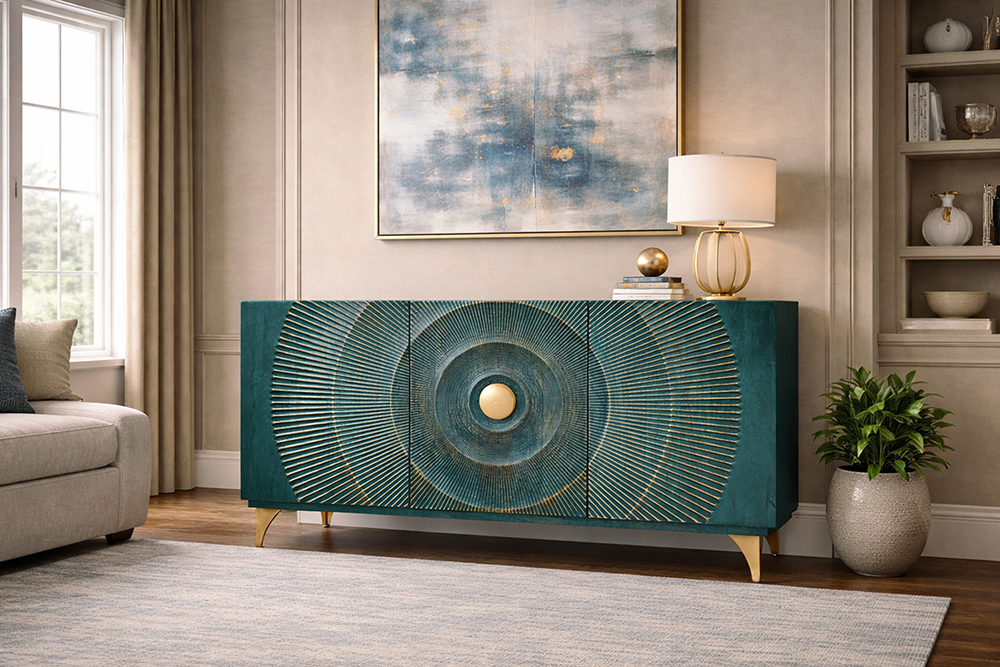 Handgearbeitetes Sideboard GOLDEN SUNSET 140cm türkis mit 3D Schnitzereien gold Mangoholz Metallbeine