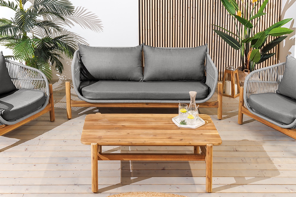 Wetterfestes Gartenlounge Set ROPE grau natur Akazienholz Aluminium inkl. Tisch Sitzpolster