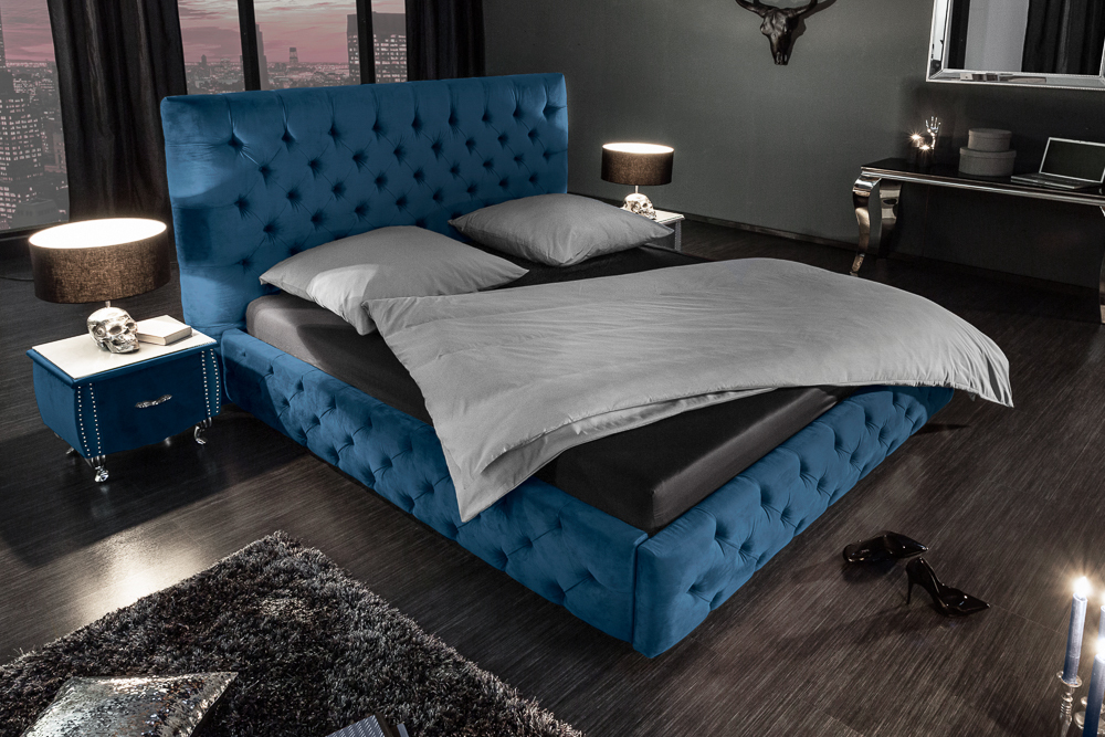 Design Doppelbett PARIS 180x200cm dunkelblau Samt Chesterfield