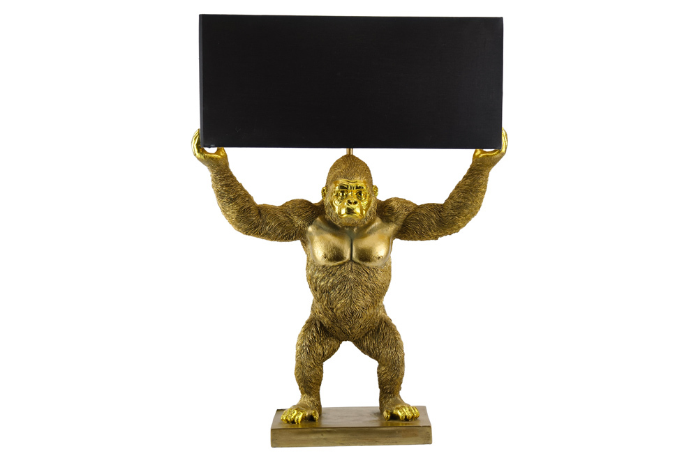 Handgefertigte Tischlampe KING APE 70cm schwarz gold Stoffschirm Affen-Skulptur