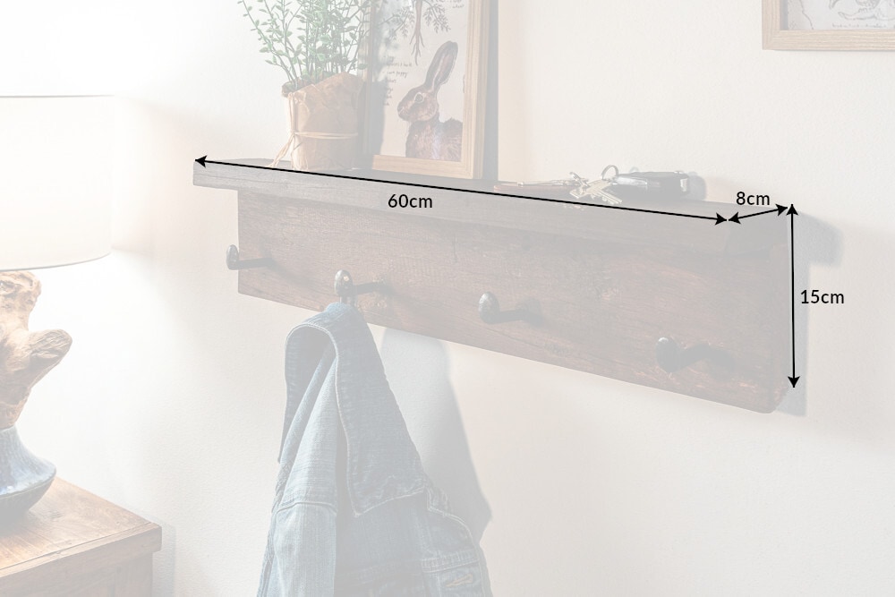 Massive Wandgarderobe HEMINGWAY 60cm natur recyceltes Teakholz mit Ablage