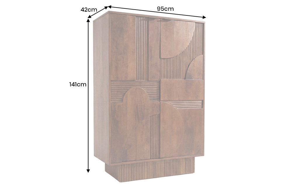 Massiver Barschrank ART DECO 140cm braun Mangoholz 3D-Front Highboard Flaschenregal